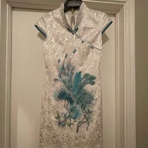 Elegant White and Blue Embroidered Dress